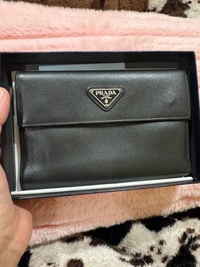 Prada Black Saffiano Leather Flap Wallet with Triangular Logo
